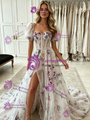 White Tulle Print Puff Sleeve Prom Dress
