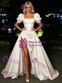 White Satin Puff Sleeve Split Prom Dress