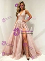Pink Tulle V-neck Appliques Prom Dress