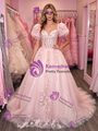 Pink Tulle Puff Sleeve Appliques Prom Dress