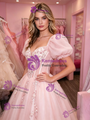 Pink Tulle Puff Sleeve Appliques Prom Dress