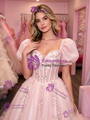 Pink Tulle Puff Sleeve Appliques Prom Dress