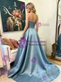 Blue Satin Spaghetti Straps Lace Prom Dress