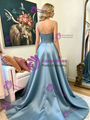 Blue Satin Spaghetti Straps Lace Prom Dress