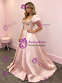 Pink Satin Puff Sleeve Sequins Prom Dress