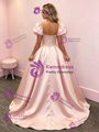 Pink Satin Puff Sleeve Sequins Prom Dress
