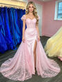 Pink Lace Square Neck Split Prom Dress