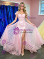Pink Lace Square Neck Split Prom Dress