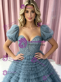 Blue Tulle Puff Sleeve Tiers Prom Dress
