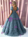 Blue Tulle Puff Sleeve Tiers Prom Dress