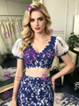 White Mermaid Tulle Appliques Puff Sleeve Prom Dress