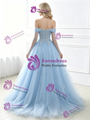 Blue Tulle Long Sleeve Appliques Prom Dress