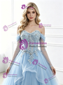 Blue Tulle Long Sleeve Appliques Prom Dress