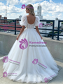 White Tulle Puff Sleeve Lace Prom Dress