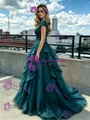 Blue Lace Square Neck Cap Sleeve Prom Dress