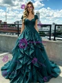 Blue Lace Square Neck Cap Sleeve Prom Dress