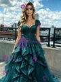Blue Lace Square Neck Cap Sleeve Prom Dress