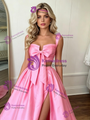 Pink Satin Straps Pleats Prom Dress