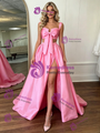 Pink Satin Straps Pleats Prom Dress