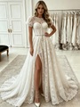 White Lace Puff Sleeve Split Prom Dress