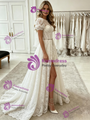 White Lace Puff Sleeve Split Prom Dress