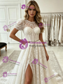 White Lace Puff Sleeve Split Prom Dress