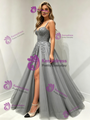 Gray Tulle Straps Appliques Prom Dress
