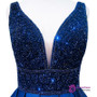 New Style Blue Satin Beading Bodice Backless Evening Dress Formal Gowns