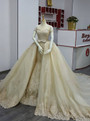 Champagne A line Appliques Lace Detachable Train With Bow Bridal Dresses