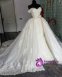 Champagne A line Appliques Lace Detachable Train With Bow Bridal Dresses