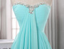 Long Blue Pleated Chiffon Sweetheart Neck Backless Prom Dresses