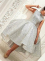 Sparkly Sliver Sequins Hi-Lo Ball Gown Prom Dresses High Neck Knee-Length Sleeveless