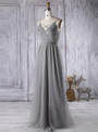 Simple Gray Tulle Bridesmaid Dress A Line V Neck Prom Dress
