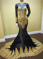 Cheap prom dresses 2017 Long Sleeves Black Mermaid Prom Dress with Gold Appliques