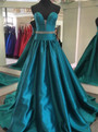 Strapless Plunging Neckline Satin Evening Dress Long Formal Gowns Beaded Waist