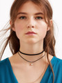Black Faux Leather Crystal Choker Double Layered Necklace