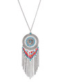 Silver Tone Boho Tassel Trim Beaded Round Pendant Necklace