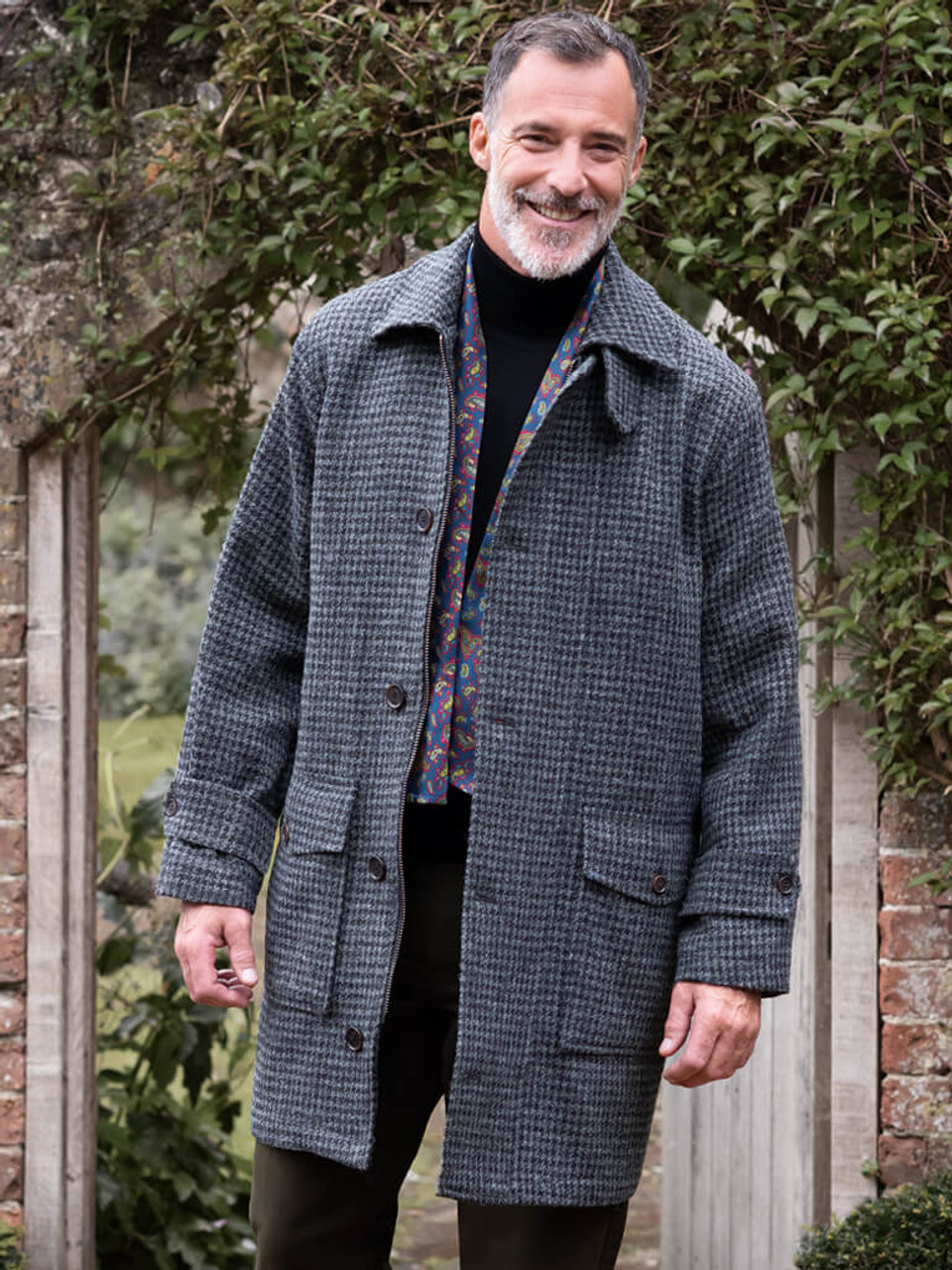 Gray Houndstooth Harris Tweed Overcoat