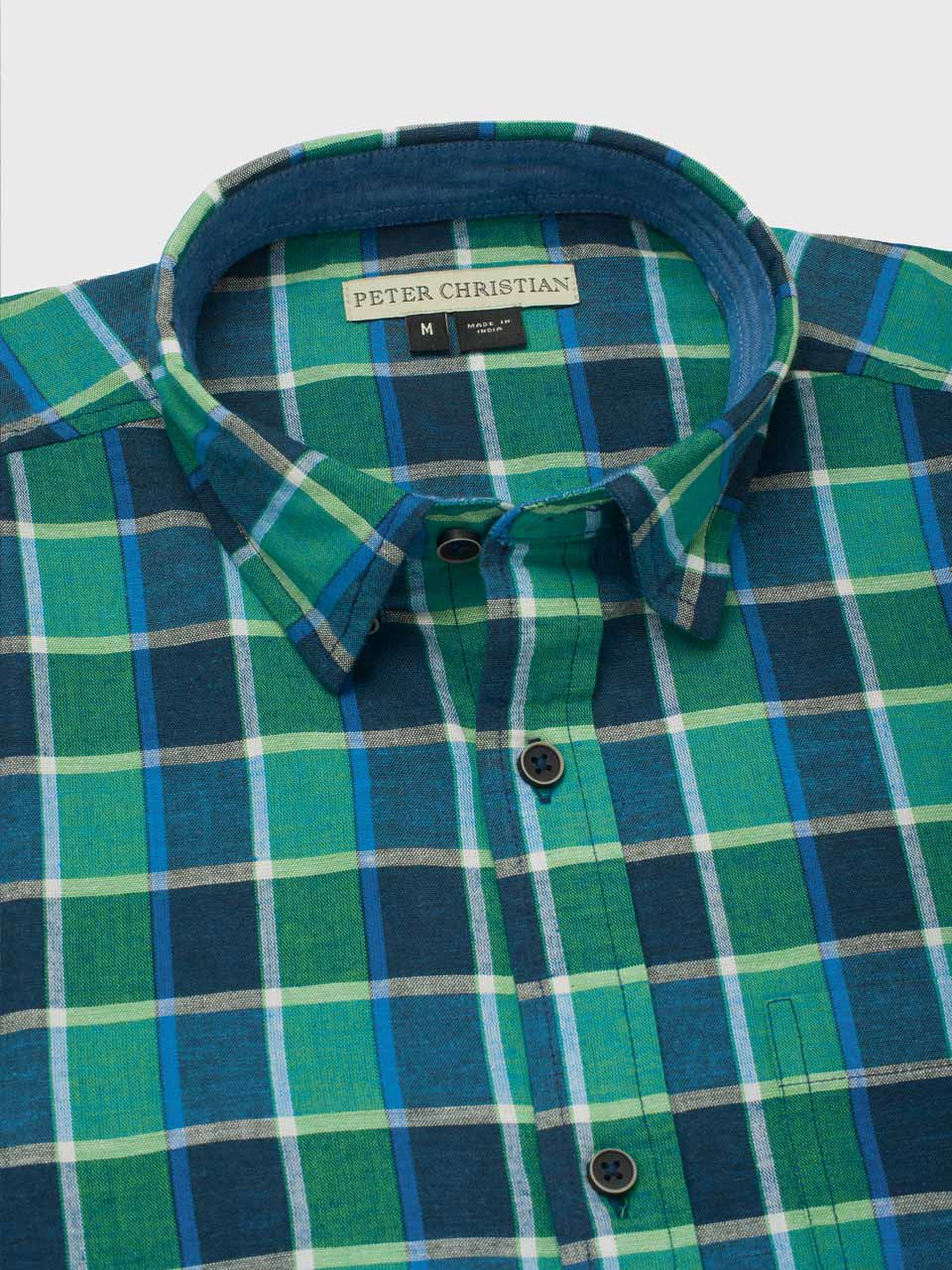 Men's Green Check Short Sleeve Linen and Cotton Shirt | Peter Christian