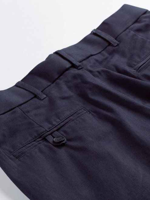 Close Up of Mens Navy Blue Pleated Chinos Rear Pocket
