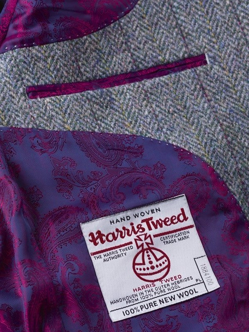 Close Up of Mens Lovat Harris Tweed Jacket Lining and Orb