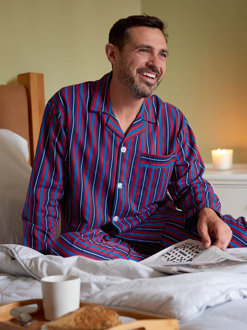 Model wears Navy & Red Cotton Club Stripe Pajamas