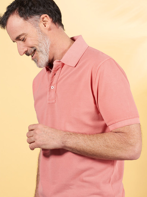 Model Wearing Coral Pink Washed Polo Shirt