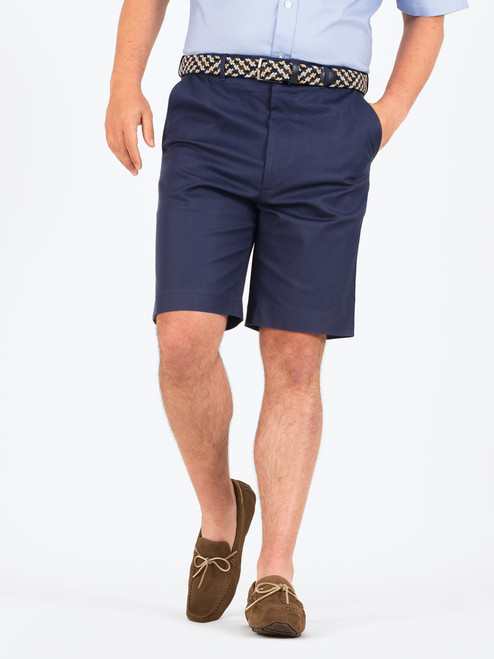Men's Navy Blue Flat Front Cotton Tailored Shorts | Peter Christian