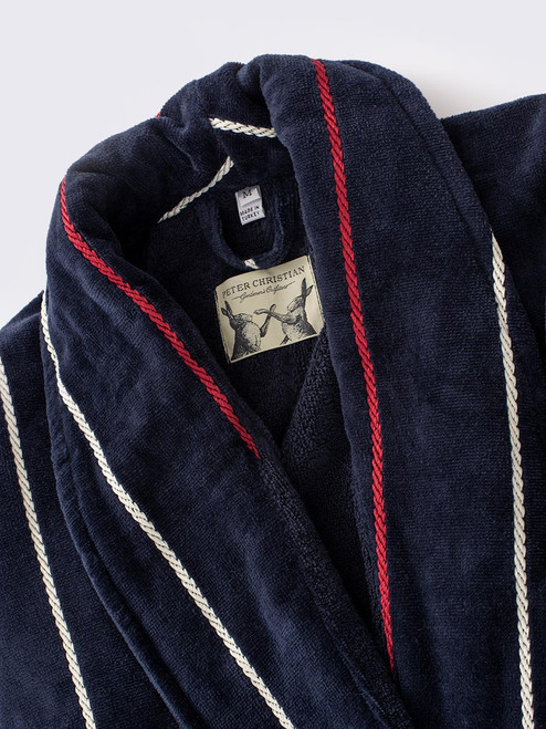 Men's Navy and Red Striped Velour Robe Shawl Collar