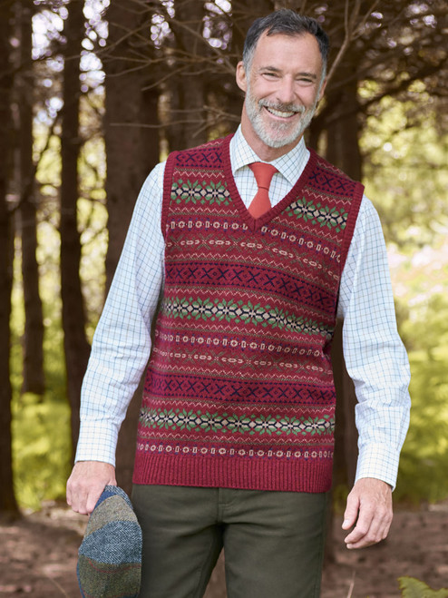 Men's Red British Lambswool Fairisle Slipover on Model