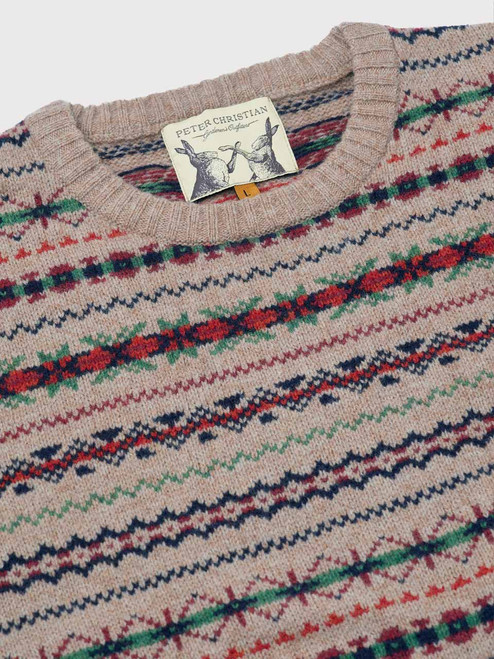 Men's Brown Fairisle Crew Neck Sweater Crew Neck Collar