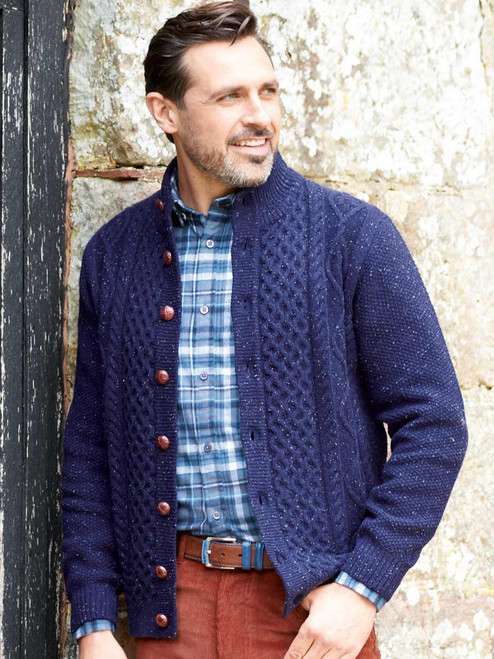 Navy Blue Flecked Aran Knit Cardigan Peter Christian