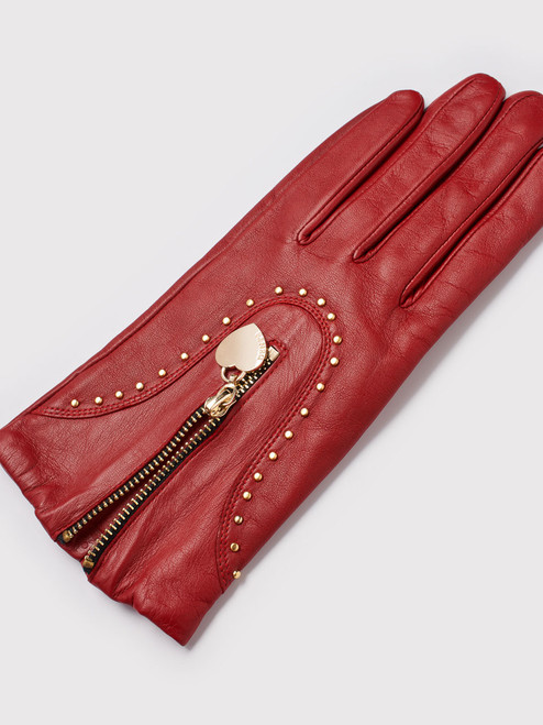 Dents Ladies Red Leather Gloves Gold Stud + Pendant Detail