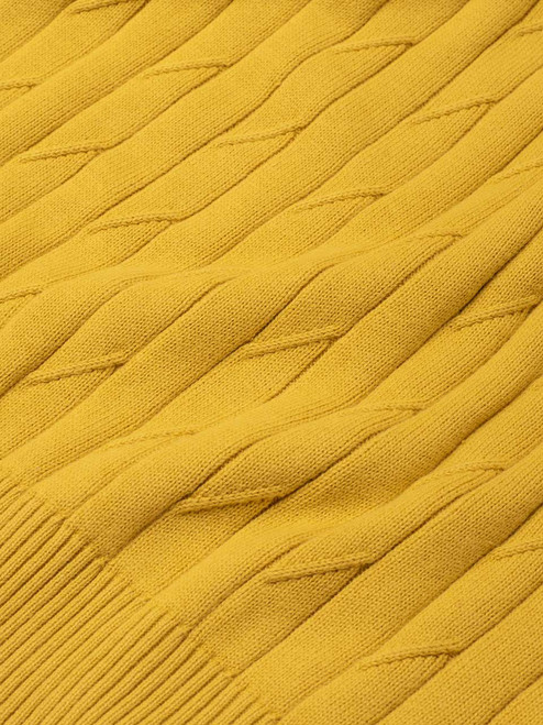 Men's Gold Yellow Cotton Cable Crew Neck Sweater Fabric Close Up